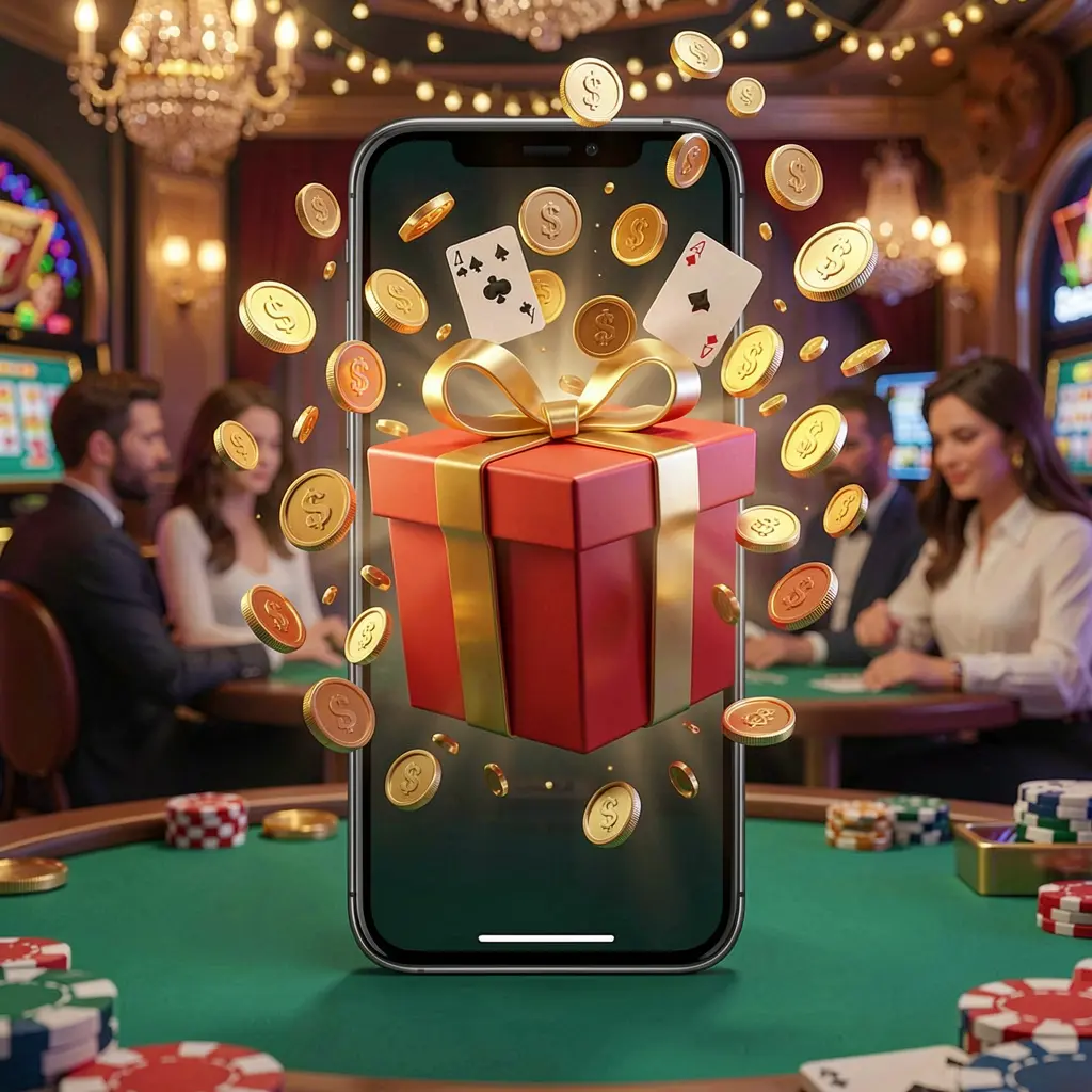 520BAT mobile casino bonus app concept showing a phone screen with a gift box and coins bursting out in a festive casino atmosphere
