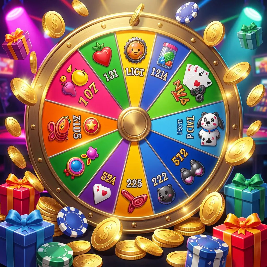 520BAT casino bonus wheel with colorful prize sections surrounded by golden coins, chips, and gift boxes under bright neon casino lights in a dynamic composition