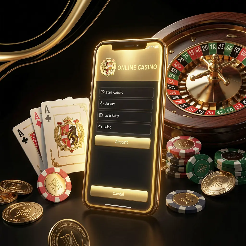 520BAT online casino account portal featuring a glowing smartphone displaying premium cards, chips, roulette wheel, and coins against a black and gold background with cinematic lighting in a realistic 3D render