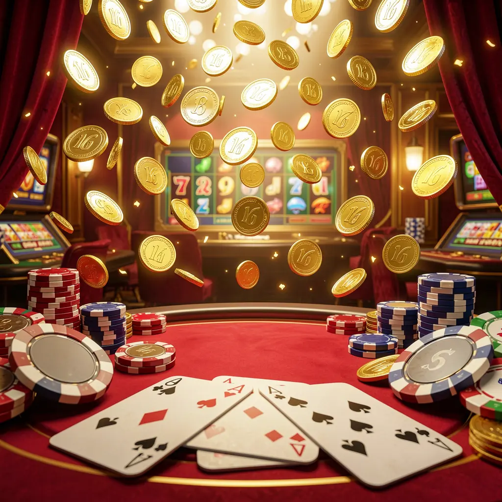 520BAT online gaming platform homepage banner with bright casino lights, golden coins raining, poker chips and playing cards in the foreground, set in a luxury red and gold atmosphere